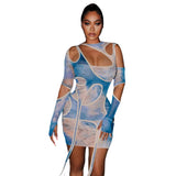 Cyber Monday Sales Sexy Tie Dye Irregular Cut Out Long Sleeve Bodycon Dresses For Women Hollow Out Club Outfits Party Clubwear Mini Dresses