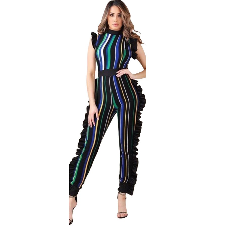 Cyber Monday Sales Women Sexy Jumpsuits Striped Ruffles Details Bodycon Jumpsuit Sleeveless Full-Length Skinny Jumpsuit Night Club