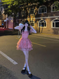 Kukombo Pink Floral Short Party Dress Lace Puff Fairy Kawaii Clothing Mini Dress Fashion Birthday Lolita Dress Women Summer 2023