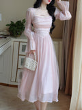 Kukombo Elegant Evening Party Midi Dress Women Bubble Sleeve French Vintage Sweet Dress Female Pink Korean Style Fairy Dress Autumn
