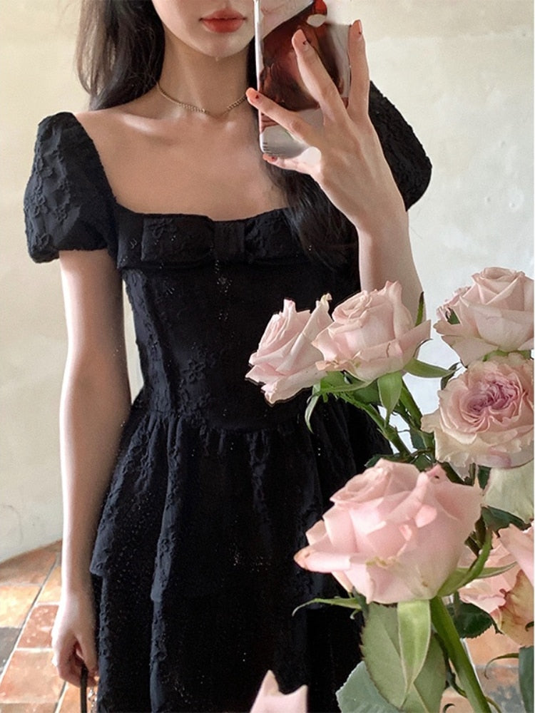 Kukombo  French Vintage Black Dress Women Design Slim Party Mini Dress Office Lady Short Sleeve Gothic One Piece Dress Korean 2022 Summer