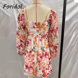 Graduation Gift Big Sale Floral Print Waist Cut Out Sexy Summer Long Sleeve Boho Dress Women Elegant A-line Short Dress Chiffon Beach Dress Femme