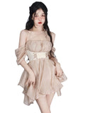 Kukombo Summer Designer Kawaii Dress Women Solid Elegant Strap Sweet Dress Female Korean Fashion Irregular Retro Party Mini Dress