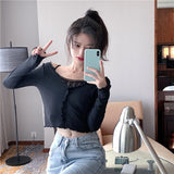 Kukombo  White Lace Fake Two Piece Suspender Long Sleeve T-Shirt Women's Autumn Machine Sexy Off Shoulder Bottoming Shirt Short Tops