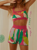 Kukombo  2022 Summer Knitted Print Sports Shorts Suit Tracksuit Women Sexy Beach Outfits Strap Top High Waist Shorts Two Piece Set