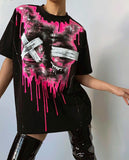Kukombo 2022 Summer O Neck Y2K Print T Shirts Women Loose Fashion Casual Short Sleeve Graphic Black Top Tee Trendy Oversized