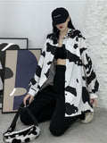 Thanksgiving Gift Korean Style Cow Print Blouses Women Harajuku Hip Hop Oversize Button Up Shirts Gothic Black Casual Loose Sunproof Tops