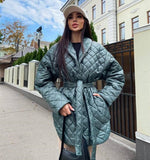 Kukombo 2023 New Winter Wear Women Parker Cotton Coat Medium Long Overcoat Slim Tie Lapel Pattern Elegant Quilted Overcoat