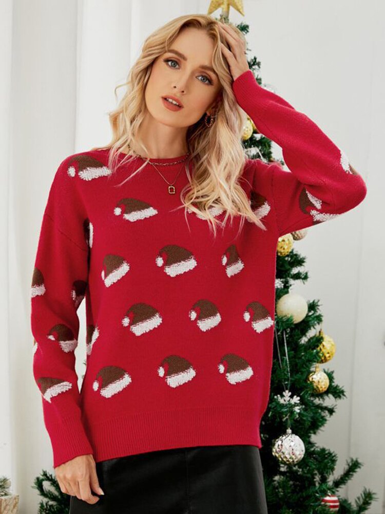 Thanksgiving Gift Autumn Winter Sweater Women's Pullover Sweater Long Sleeve Christmas Hat Round Neck Sweet Christmas Print Sweater Knit Jumper