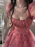 Kukombo Pink Floral Short Party Dress Lace Puff Fairy Kawaii Clothing Mini Dress Fashion Birthday Lolita Dress Women Summer 2024