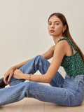 Kukombo Summer Women Camisole French Style Floral Print Crop Top Folk Lace Up Green Elastic Tank Top