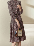 Kukombo Floral Printed Midi Dress for Women 2023 Spring Autumn Fashion Ruffled Collar Long Sleeve Belted Vintage Elegant Dresses