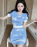 Kukombo Back to school outfit Women Knit 2 Piece Set Sexy Girl Letter Printing Color Matching Short Top Slim Bodycon Skirt Fashion Female Sweet Suit