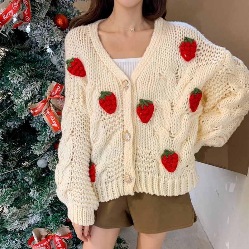 Thanksgiving Gift Strawberry Applique Cardigan Sweater Women's Wool Autumn And Winter Cute Sweet Puff Sleeve V-Neck Knitted Sweater Women 2022 New