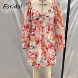 Graduation Gift Big Sale Floral Print Waist Cut Out Sexy Summer Long Sleeve Boho Dress Women Elegant A-line Short Dress Chiffon Beach Dress Femme