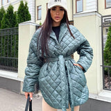 Kukombo 2023 New Winter Wear Women Parker Cotton Coat Medium Long Overcoat Slim Tie Lapel Pattern Elegant Quilted Overcoat