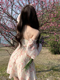 Kukombo  Floral Chiffon Dress Women Boho Beach Mini Dress Evening Party Office Lady Slim Elegant One Piece Dress Korean Summer