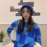 Thanksgiving Gift Korean Fashion Plaid Sweater Oversize Retro Vintage Clothes Autumn Winter Checkerboard Knit Jumper Black Pullover