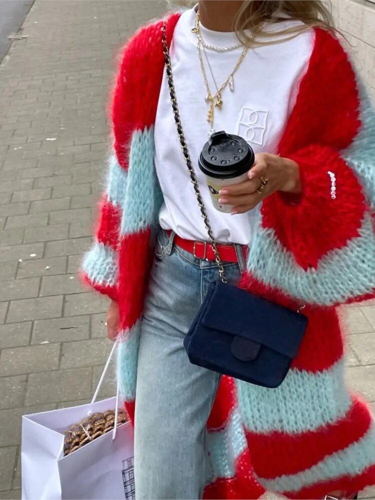 Kukombo Chic Contrast Color Fur Knit Long Coat Women Long Sleeve Thicken Warm Cardigan Jacket Winter Fashion Female Street Outwears