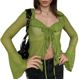 Kukombo Tie Up Cardigan Lace-Up Cardigan Women Open Chest Perspective Vintage Mesh Long Sleeve Fall Long Sleeve