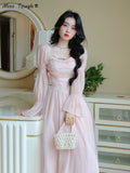 Kukombo Elegant Evening Party Midi Dress Women Bubble Sleeve French Vintage Sweet Dress Female Pink Korean Style Fairy Dress Autumn