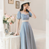 Kukombo French Puff Sleeve Court Style Cream Blue Princess Dress Women Summer Short Sleeve Fairy Dresses Retro Ladies Elegant Midi Dress