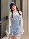 Kukombo Lace Japanese Sweet Lolita Dress Women Bow Pink Kawaii Party Mini Dresses Female Blue Princess Korean Fashion Dresse Winter 2022