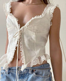 Kukombo 2023 Summer Y2K Patchwork Lace Off Shoulder V Neck Aesthetic Crop Tops Streetwear Sexy Women Vintage Mini Vest Tank Tops-0519