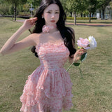 Kukombo Casual Floral Sexy Dress Women 2022 Summer Pink Sleeveless Patchwork Mini Dresses Female Elegant Party Holiday Slim Korean Dress