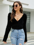 Black Friday Sales Autumn And Winter Sweater Women's Pullover Sweater Flared Sleeve Slim Cross Sexy V-Neck Solid Color Sweater Soft Jumper