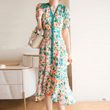 Kukombo  French Plus Size slim chiffon floral Dress 2022 Spring Summer mid-length V neck short-sleeved irregular fishtail Dress Women