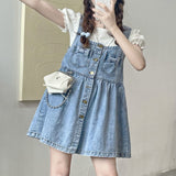 Kukombo  Kawaii Strap Denim Short Dress Girls Overalls Summer Fashion High Waist Jeans Clothes Vintage Bow Casual Sleeveless Doll Dresses