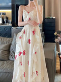 Kukombo Spaghetti Strap Elegant Casual Floral Women Dresses Sleeveless Vintage Beach A-Line Party Robe Chic Female Vestidos Mujers