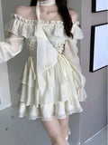 Kukombo Long Sleeve Elegant Mini Dress Lolita Pure Color Short Party Dress Woman Casual 2024 Spring Sweet One Piece Dress Korean Fashion