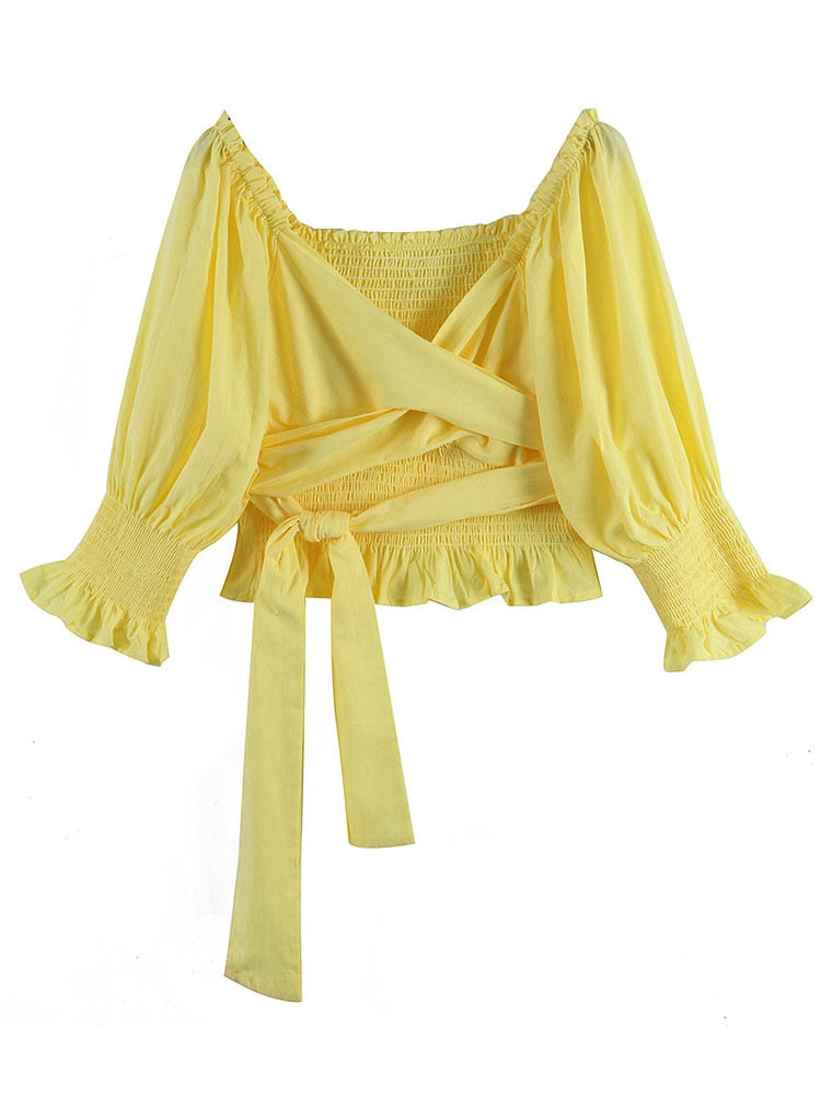 Kukombo Summer Women Blouse Yellow Half Sleeves Sashes Cotton Casual Square Collar Ruffles Cute Elastic Ladies Shirt