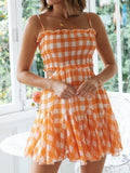 Graduation Gift Big Sale Orange Plaid Print Vintage Women Pleated Trimmed Summer Dress Backless Elastic New 2023 Gingham Mini Beach Dress Boho