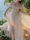 Kukombo Beach Long Dress Women Elegant Korean Summer 2023 New Fashion Evening Ladies Vintage Printed Slim Dresses Female Holiday Clothes