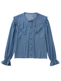 Kukombo Summer Women Solid Fashion Blue Denim Shirt Vintage Ruffled Long Sleeve Single-Breasted Lapel Female Short Blouse Chic Top