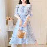 Kukombo 2022 Ruffled Peter Pan Collar Pink Floral Chiffon Dress Spring Summer Sweet Style Dress Korean Style Prairie Chic Casual Dress