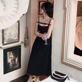 Kukombo  French Elegant Black Midi Dress Women Casual Evening Party Strap Dress Female Pure Color White One Piece Dress Korea Summer