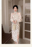 Kukombo Vintage Elegant Cheongsam Dress Women Floral Embroidery Design Party Fairy Dress Female Spring Court Retro Long Split Dress