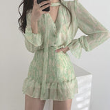 Kukombo  Korean Chic Spring French V-Neck Halter Lace-Up Dress Smudge Print Waist-Show Pleated Hip Dress Short Dress