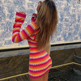 Cyber Monday Sales Spring Holiday Long Sleeve Stripe Printed Candy Color Sexy Mini Casual Dress Bodycon Beach Backless Dresses For Women Party 2022