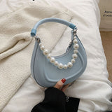 Back To College 2023 Kawaii Tote PU Leather Half Moon Armpit Bag With Pearl Short Handle Women's Designer Handbag Luxury Shoulder Crossbody Bag