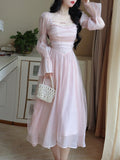 Kukombo Elegant Evening Party Midi Dress Women Bubble Sleeve French Vintage Sweet Dress Female Pink Korean Style Fairy Dress Autumn