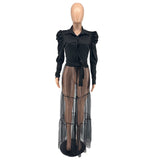 Kukombo Puff Long Sleeve Women Blouse Mesh Bandage Top Elegant Sexy Casual Tops Shirt Office Lady Luxury Cardigan Fall Clothes