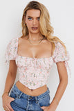Kukombo Summer Women Pink Shirt Ladies Ruffles Puff Sleeves Back Zipper Print Slim With Belt Vintage Vocation Short Crop Shirt
