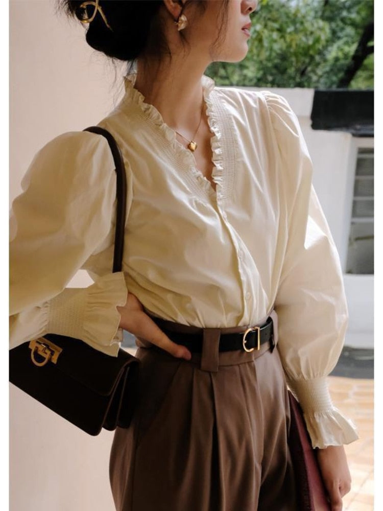 Thanksgiving Gift Korean Fashion Vintage Blouse Women 90S Aesthetic Harajuku Oversize Puff Sleeve Retro White Shirt Casual Streetwear Top