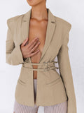 Kukombo Elegant With Waistband Full Sleeve Blazer Women Jacket 2023 Autumn Notched Collar Hollow Out Slim Coat Fall Coat