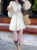 Kukombo Autumn Fairy Pure Color Mini Dress Woman Casual Long Sleeve Elegant Dress Korean Fashion Short Party Dress Chic Design